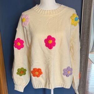 Cider Cream Lightweight Crewneck Sweater with Flower Detail